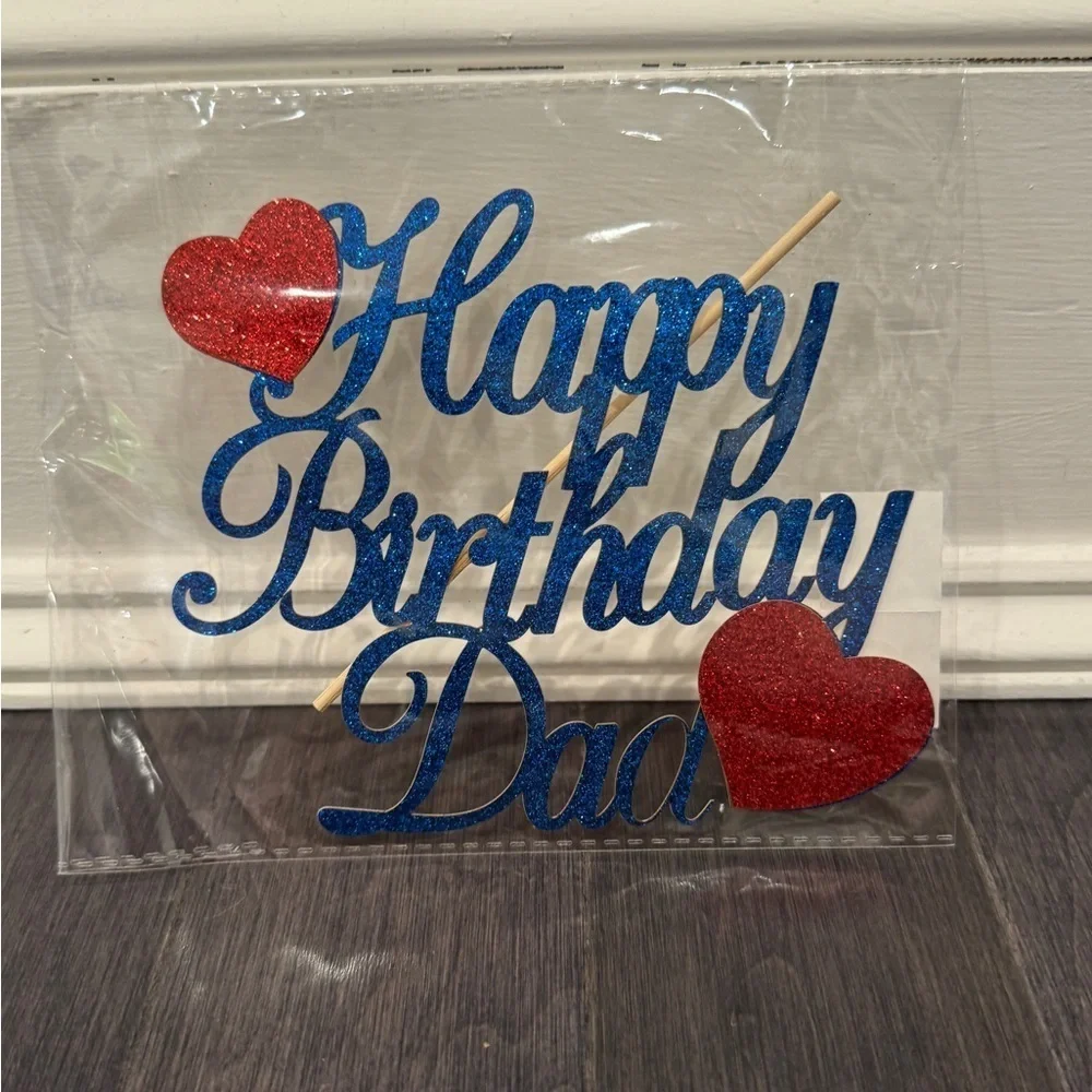 NWT Blue and Red Happy Birthday Dad Sparkly Heart Cake Topper